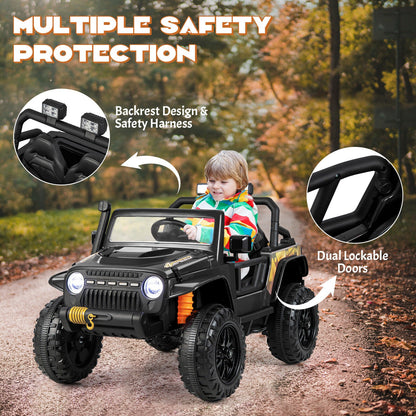 Black Parent-Child Ride On Truck Car with Remote Control, Music, and LED Lights - 12V 10AH