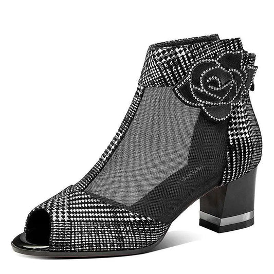 Black Rhinestone Rose Sandals Mesh Fish Mouth Heels