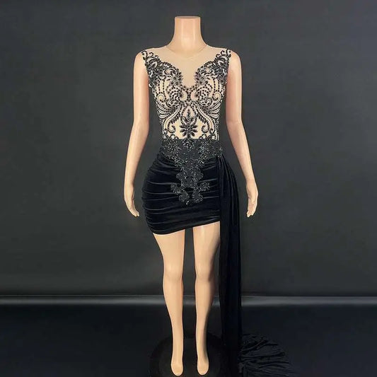 Black Velvet Luxury Evening Dress with Side Train