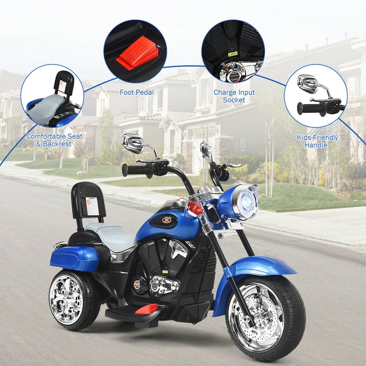 Blue 6V Kids Chopper Motorcycle Trike with Headlight - Fun Ride for Little Ones!