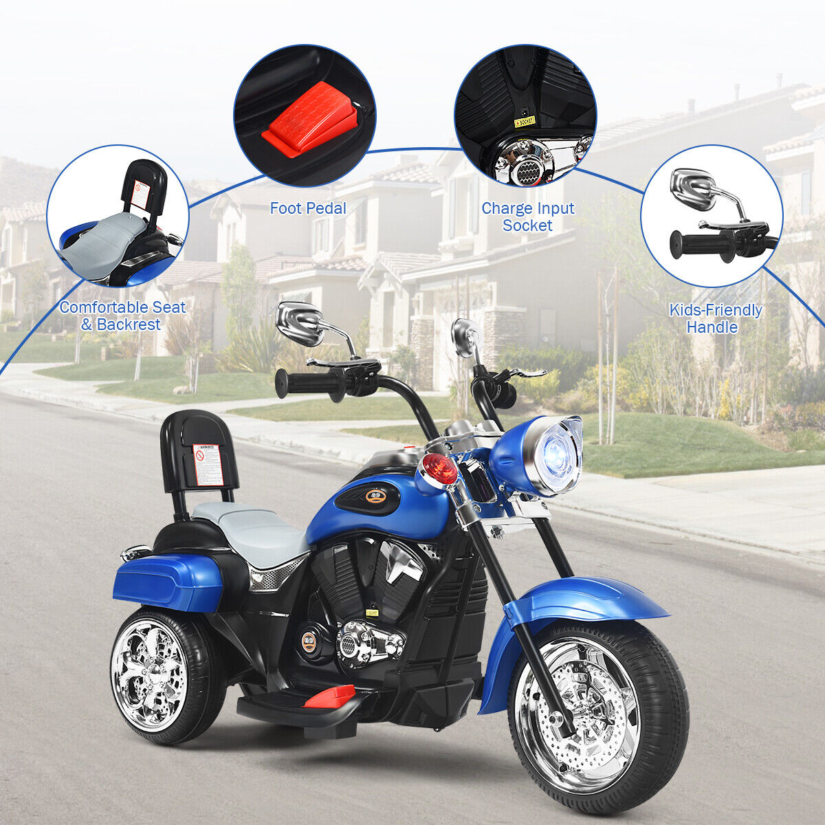 Blue 6V Kids Chopper Motorcycle with Light & Horn - Toddler 3 Wheel Trike