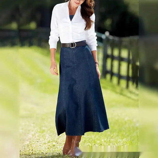 Blue Denim Women's A-Line Midi Dress with Belt