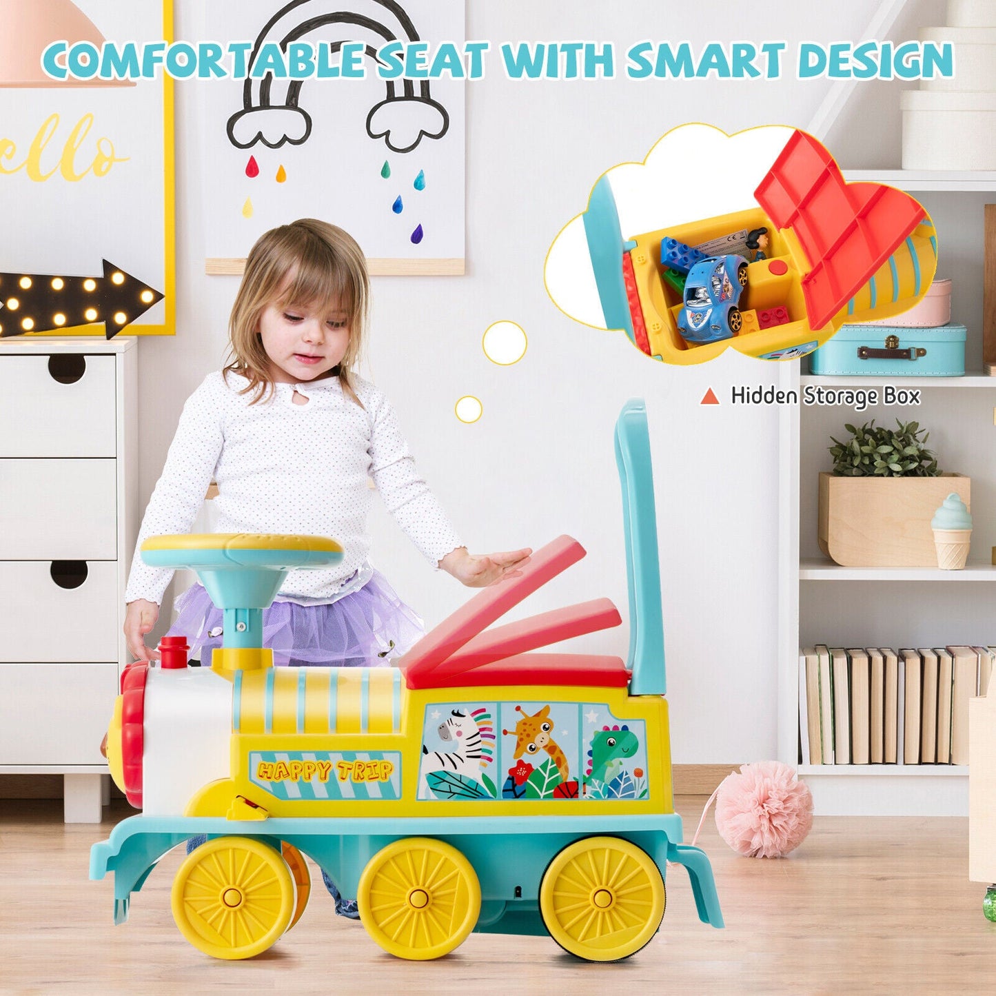 Blue Electric Kids Train Toy with Unique Design & Stickers - 6V Motorized Ride-On