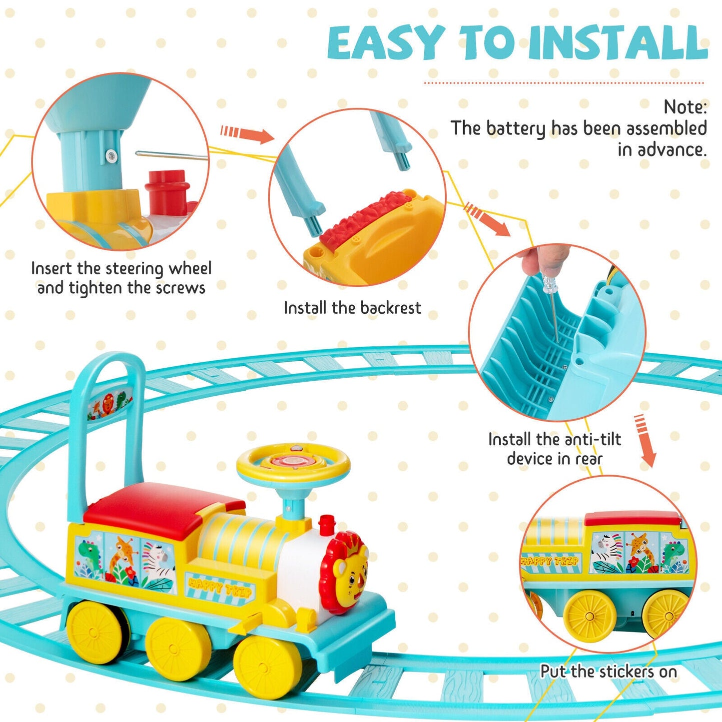 Blue Electric Kids Train Toy with Unique Design & Stickers - 6V Motorized Ride-On