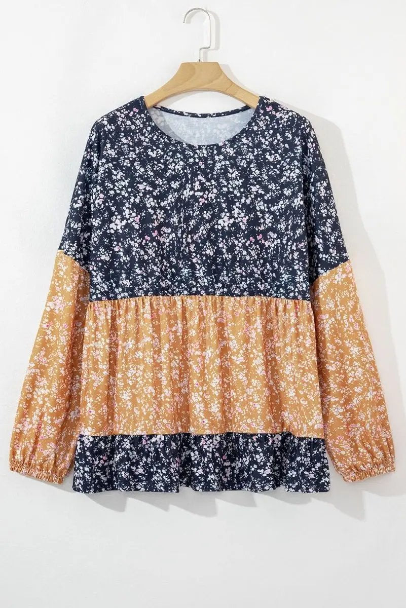 Love Salve Floral Patchwork Blouse With Ruffled Hem — Women's Fall Top