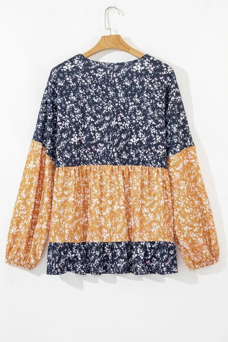 Love Salve Floral Patchwork Blouse With Ruffled Hem — Women's Fall Top