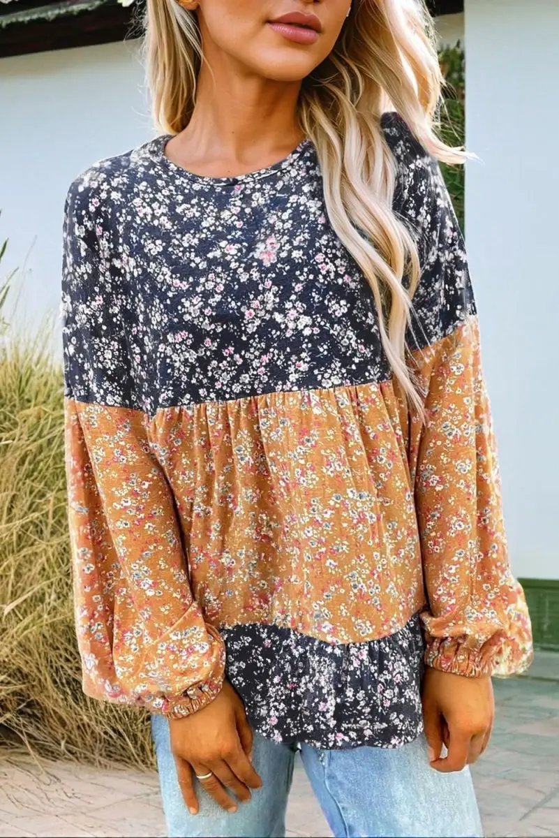 Love Salve Floral Patchwork Blouse With Ruffled Hem — Women's Fall Top