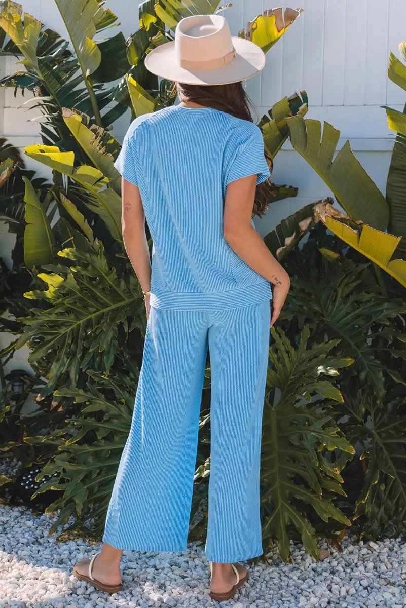 Pants Love Salve Blue Knit Set Women's Daily Wear Lounge Set Comfy, Summer