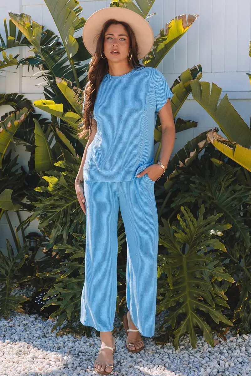 Pants Love Salve Blue Knit Set Women's Daily Wear Lounge Set Comfy, Summer