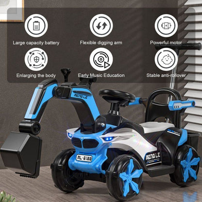 Bluetooth-Enabled Electric Excavator Toy Car for Kids with Helmet and Rear Attachment