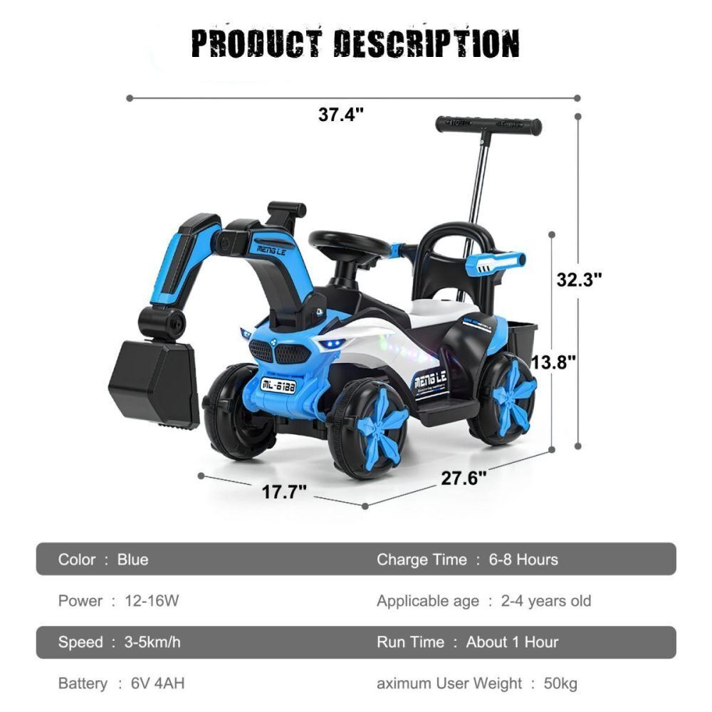 Bluetooth-Enabled Electric Excavator Toy Car for Kids with Helmet and Rear Attachment