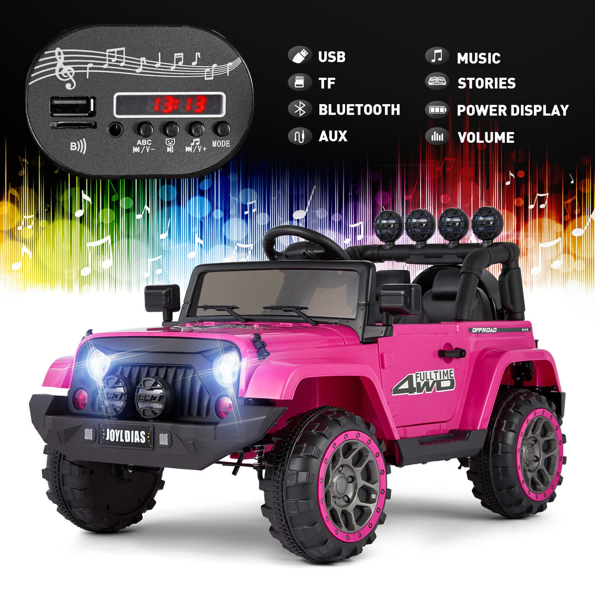 Bluetooth Remote Control Pink Jeep Ride On Car for Kids with USB and 12V Battery