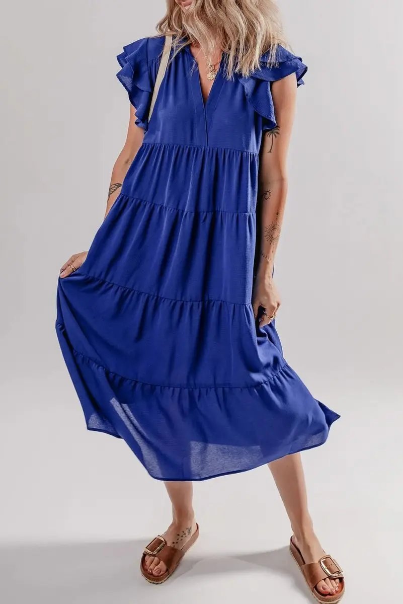 Dresses Love Salve Blue Midi Dress Women's Daily Casual Summer Ruffle Sleeve V Neck