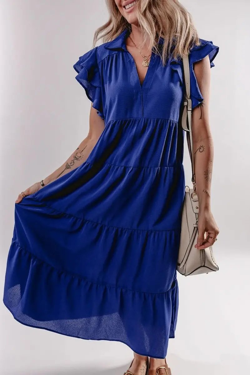 Dresses Love Salve Blue Midi Dress Women's Daily Casual Summer Ruffle Sleeve V Neck