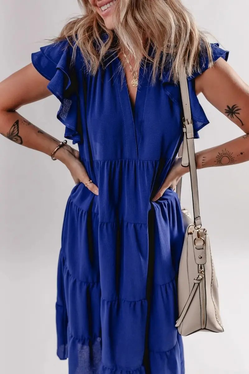 Dresses Love Salve Blue Midi Dress Women's Daily Casual Summer Ruffle Sleeve V Neck