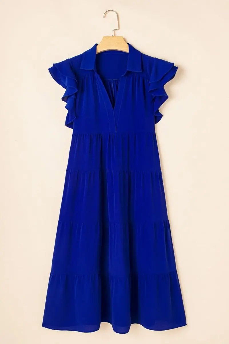 Dresses Love Salve Blue Midi Dress Women's Daily Casual Summer Ruffle Sleeve V Neck