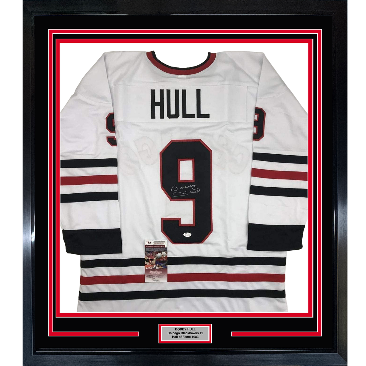 Framed Autographed/Signed Bobby Hull 35x39 Chicago White Hockey Jersey JSA COA