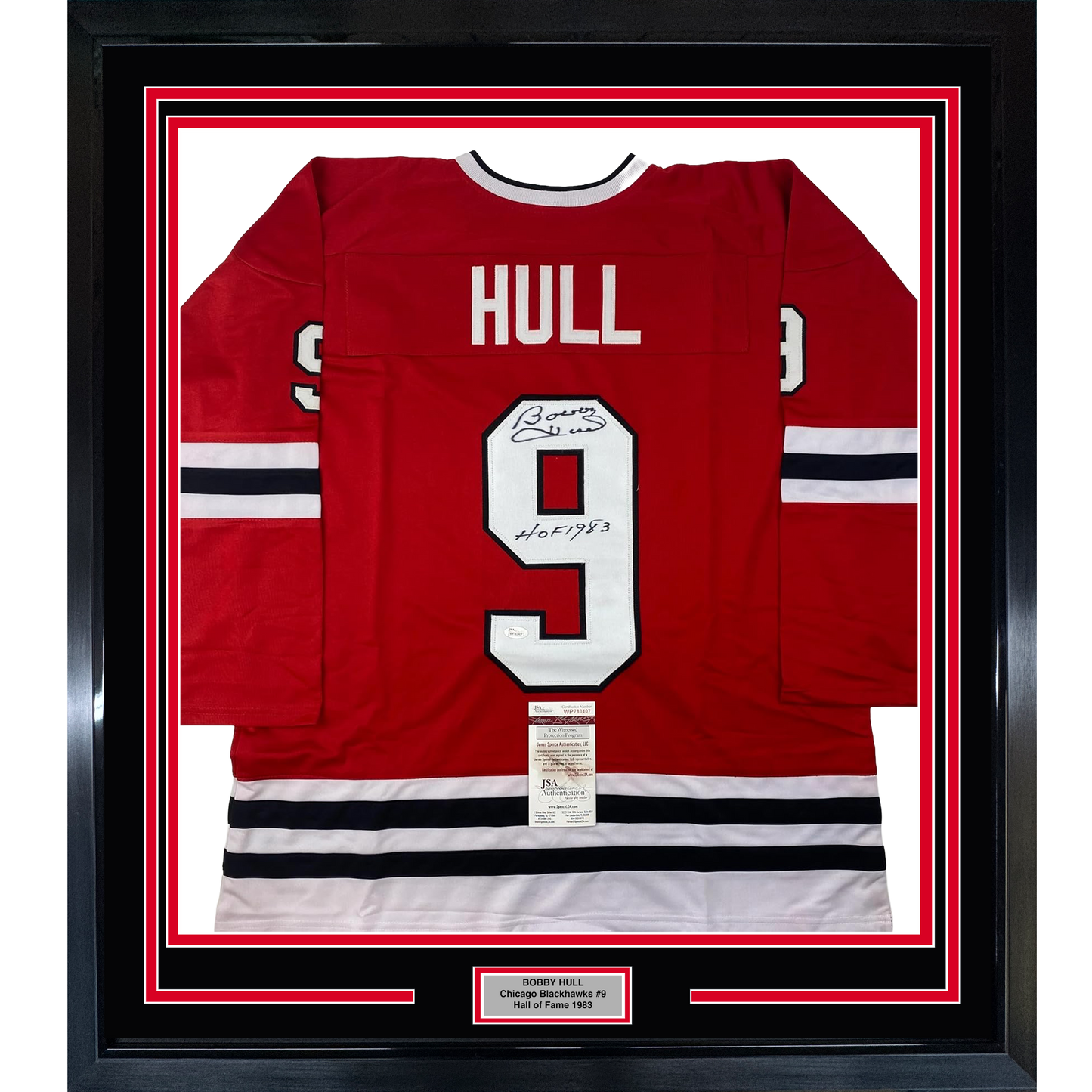 Framed Autographed/Signed Bobby Hull HOF 1983 35x39 Chicago Red Hockey Jersey JSA COA
