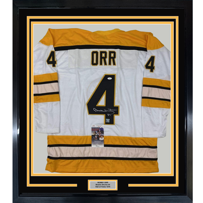 Framed Autographed/Signed Bobby Orr 35x39 Boston White Hockey Jersey JSA & GNR COA