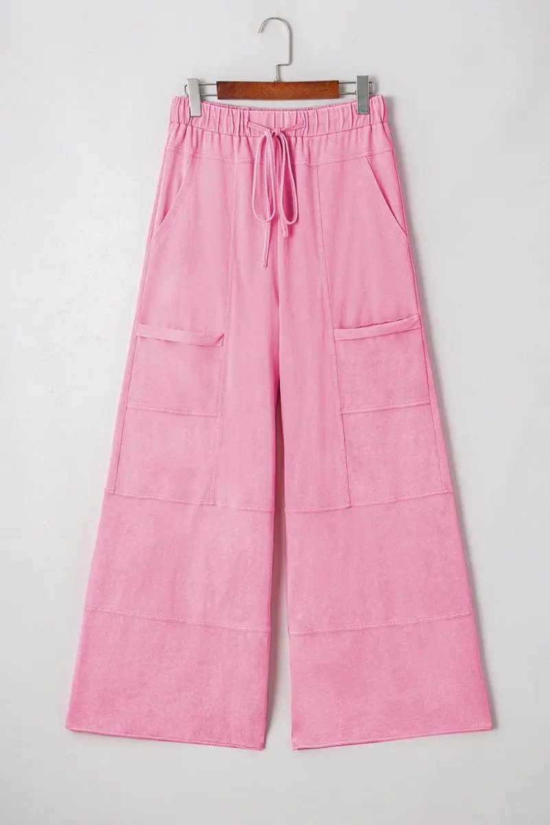 Love Salve Mineral Wash Pink Cargo Pants Women's Casual Wide Leg + Drawstring