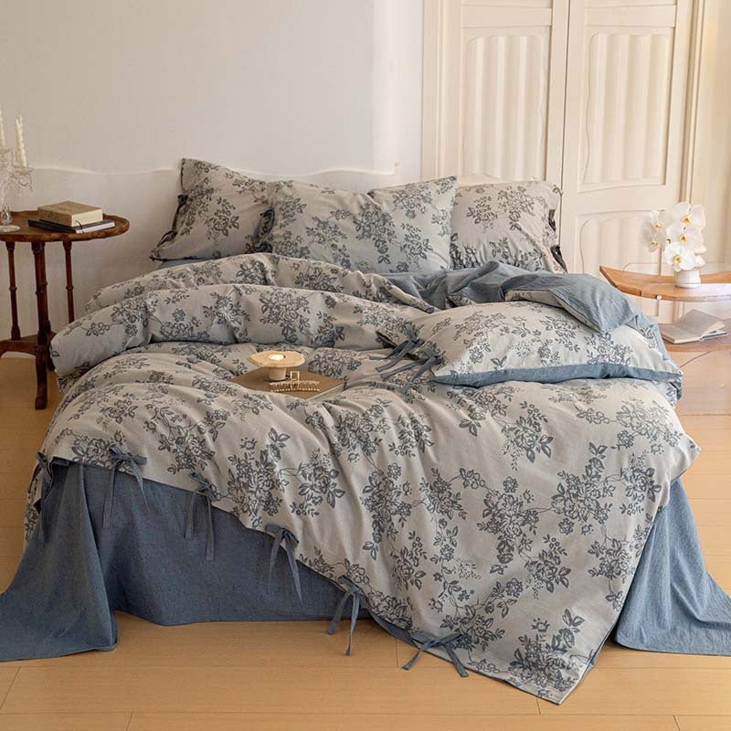 Bonnie Ribbon Bow Tie Floral Bedding Set / Dark Gray