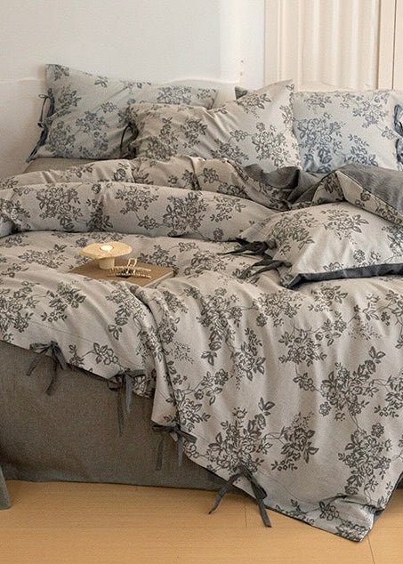 Bonnie Ribbon Bow Tie Floral Bedding Set / Dark Gray