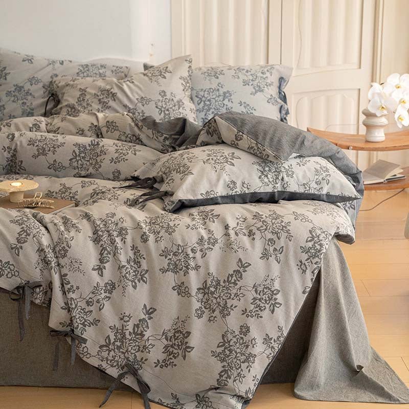 Bonnie Ribbon Bow Tie Floral Bedding Set / Dark Gray