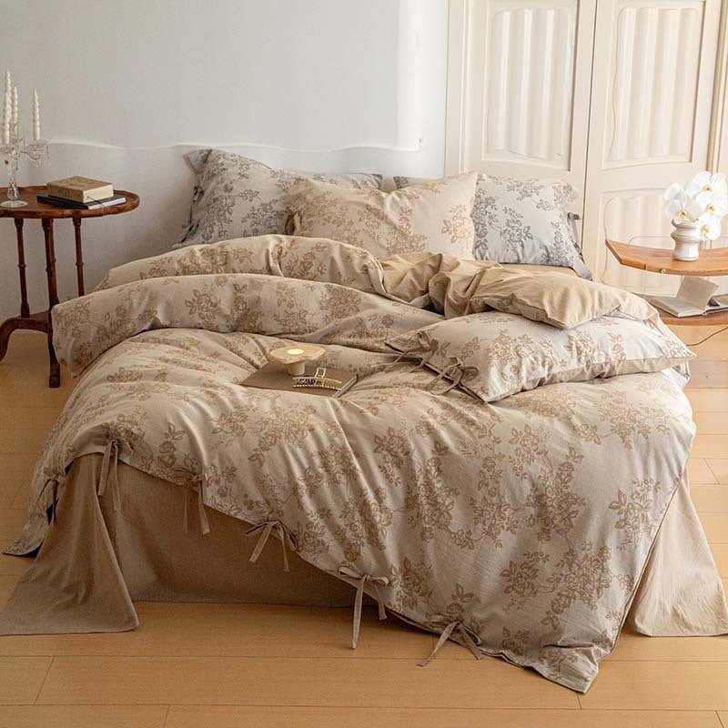 Bonnie Ribbon Bow Tie Floral Bedding Set / Light Gray