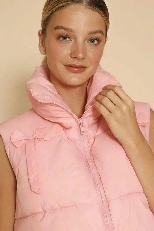 Women's Cropped Puffer Vest Cropped Puffer Vest - Bow Detail & Lightweight - Trendy Fashion