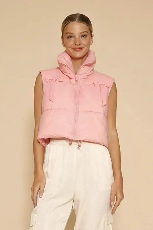 Women's Cropped Puffer Vest Cropped Puffer Vest - Bow Detail & Lightweight - Trendy Fashion