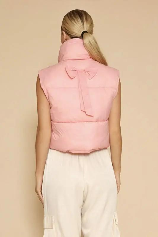 Women's Cropped Puffer Vest Cropped Puffer Vest - Bow Detail & Lightweight - Trendy Fashion