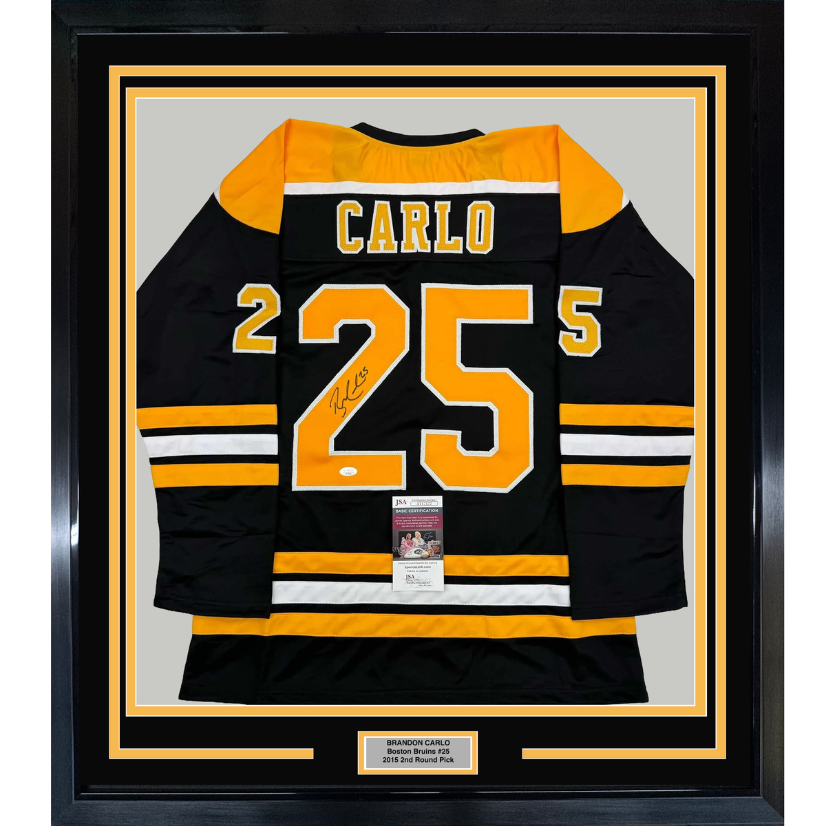 Framed Autographed/Signed Brandon Carlo 35x39 Boston Black Hockey Jersey JSA COA