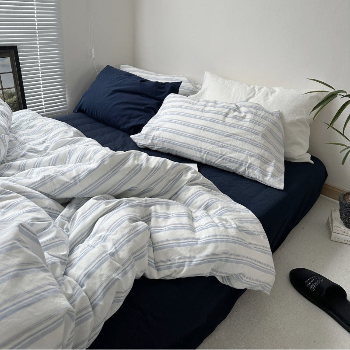 Breezy Stripe Washed Cotton Blue Bedding Set