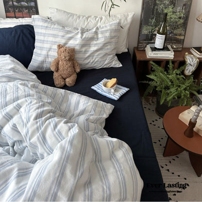 Breezy Stripe Washed Cotton Blue Bedding Set