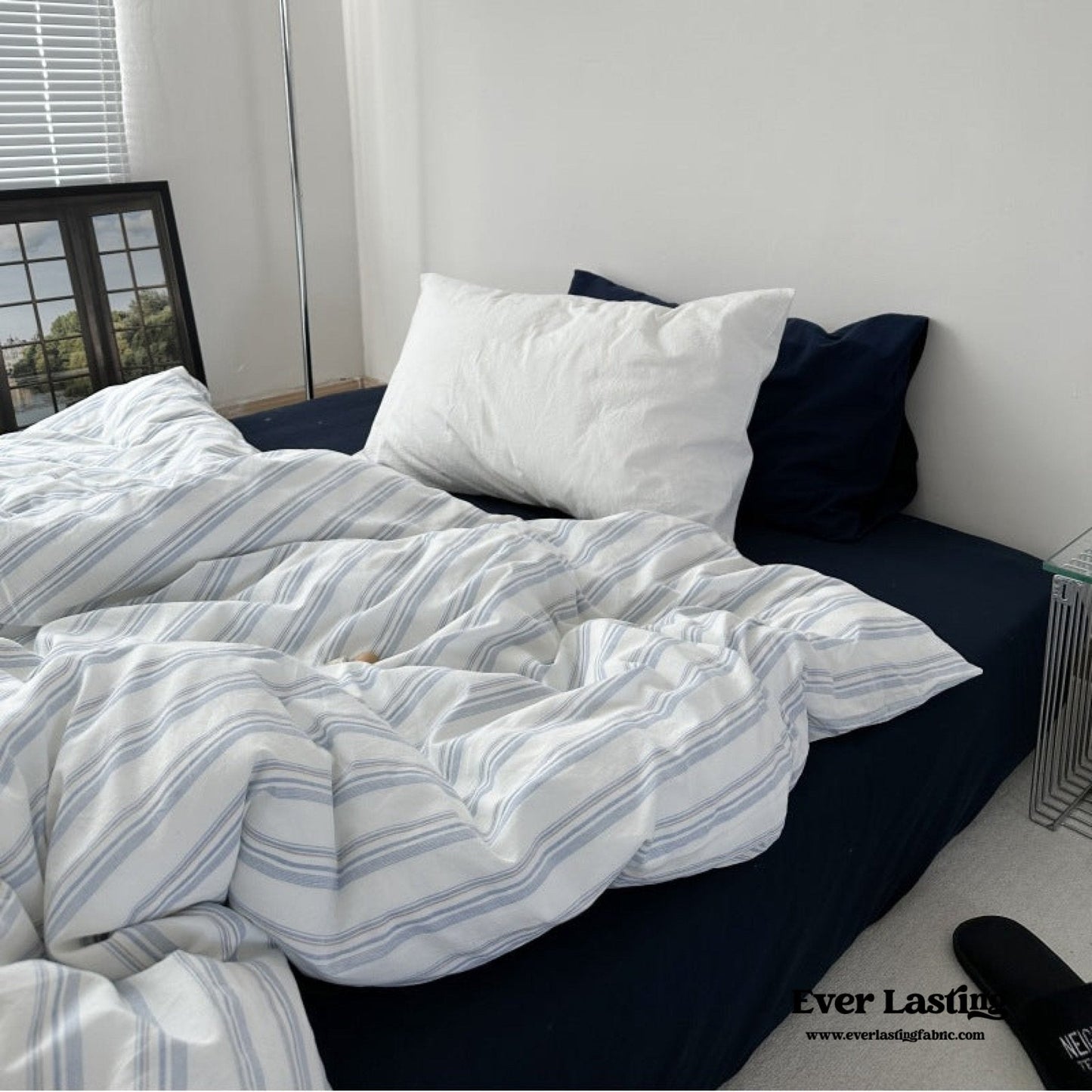Breezy Stripe Washed Cotton Blue Bedding Set