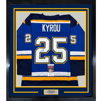 Framed Autographed/Signed Jordan Kyrou 35x39 St. Louis Blue Hockey Jersey JSA COA