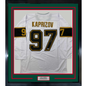 Framed Autographed/Signed Kirill Kaprizov 35x39 Minnesota White/Gold Hockey Jersey Beckett BAS COA