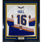 Framed Autographed/Signed Brett Hull HOF 2009 35x39 St. Louis Retro White Hockey Jersey JSA COA