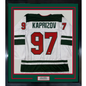 Framed Autographed/Signed Kirill Kaprizov 35x39 Minnesota White Hockey Jersey Beckett BAS COA