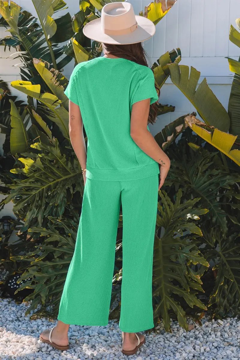 Pants Love Salve Green Corded Knit Women's Casual T-Shirt Set: Summer Style, Arrives Fast