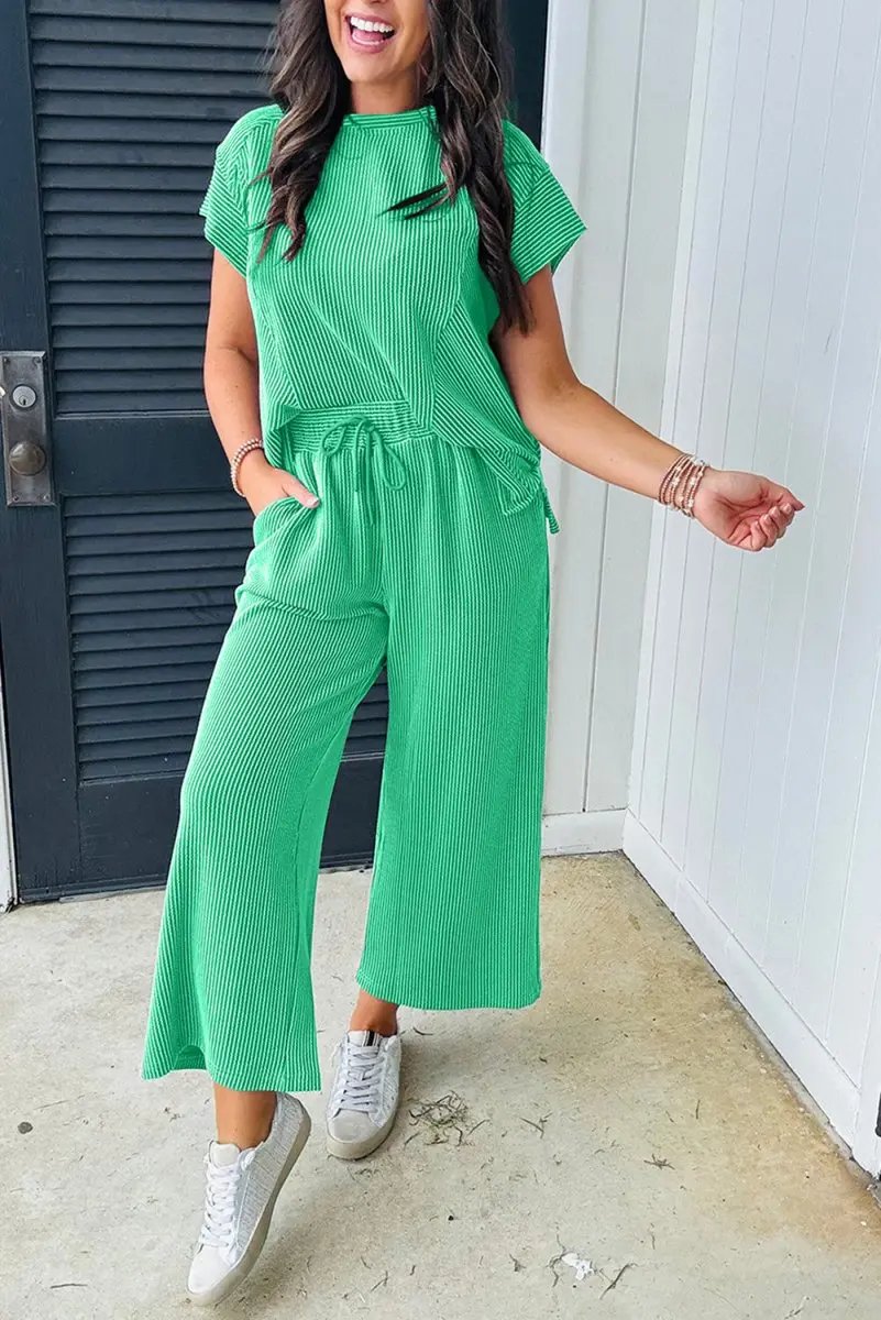 Pants Love Salve Green Corded Knit Women's Casual T-Shirt Set: Summer Style, Arrives Fast