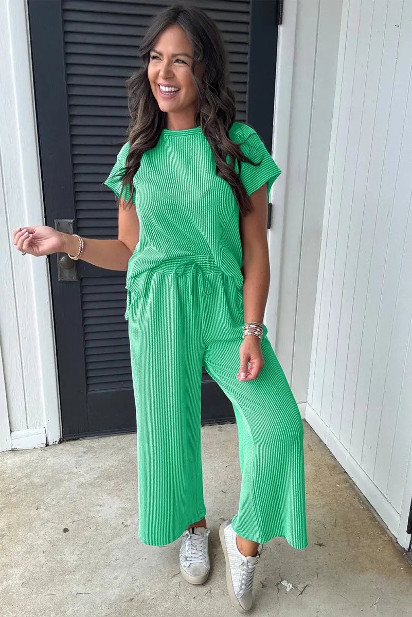 Pants Love Salve Green Corded Knit Women's Casual T-Shirt Set: Summer Style, Arrives Fast
