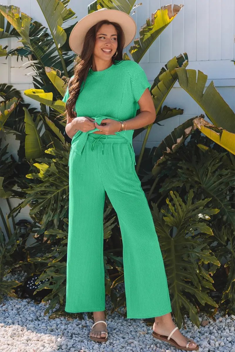 Pants Love Salve Green Corded Knit Women's Casual T-Shirt Set: Summer Style, Arrives Fast