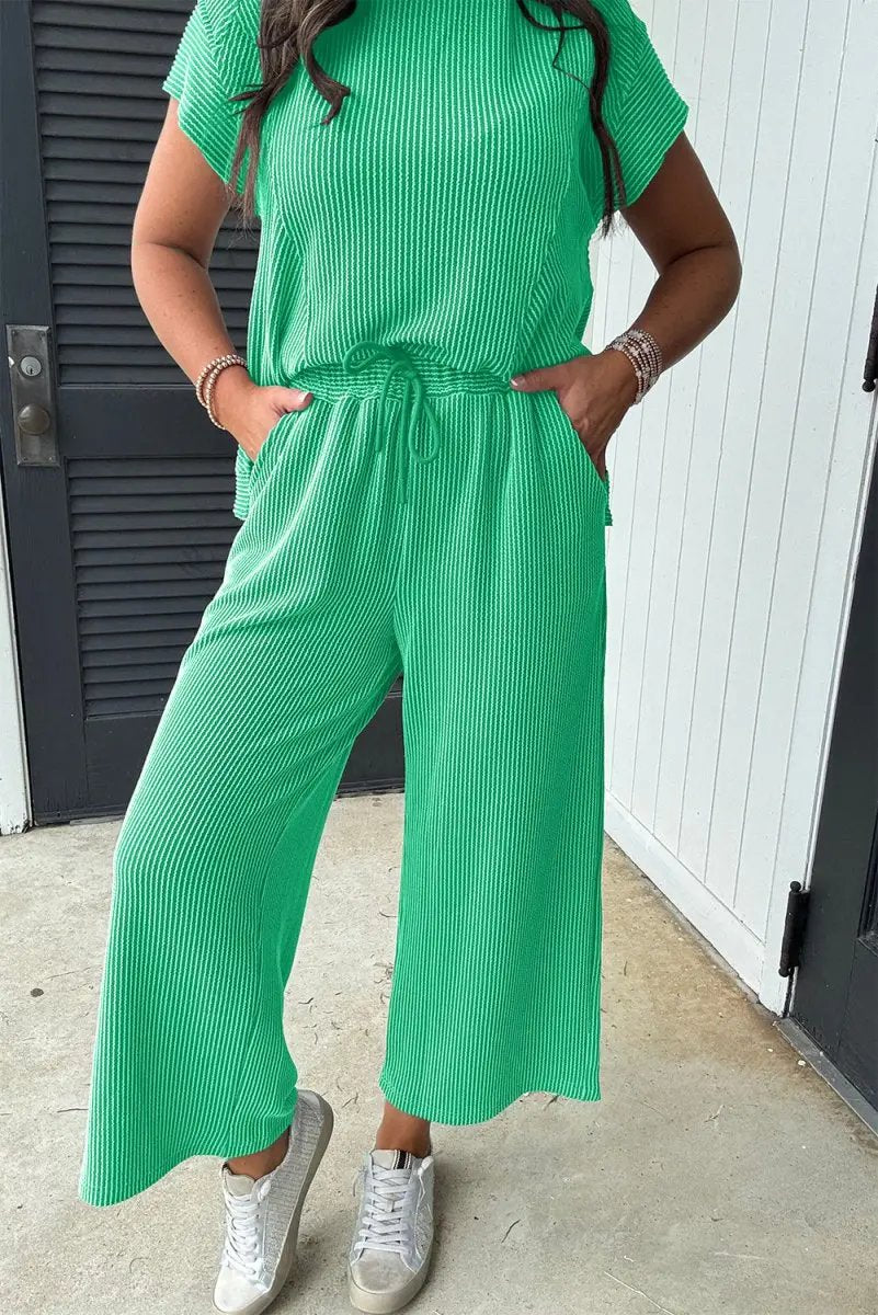 Pants Love Salve Green Corded Knit Women's Casual T-Shirt Set: Summer Style, Arrives Fast