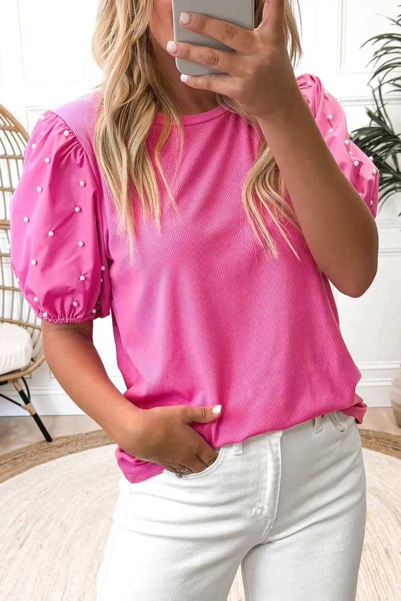 Puff Sleeve Top Pink Ribbed by Love Salve | Beaded Detail