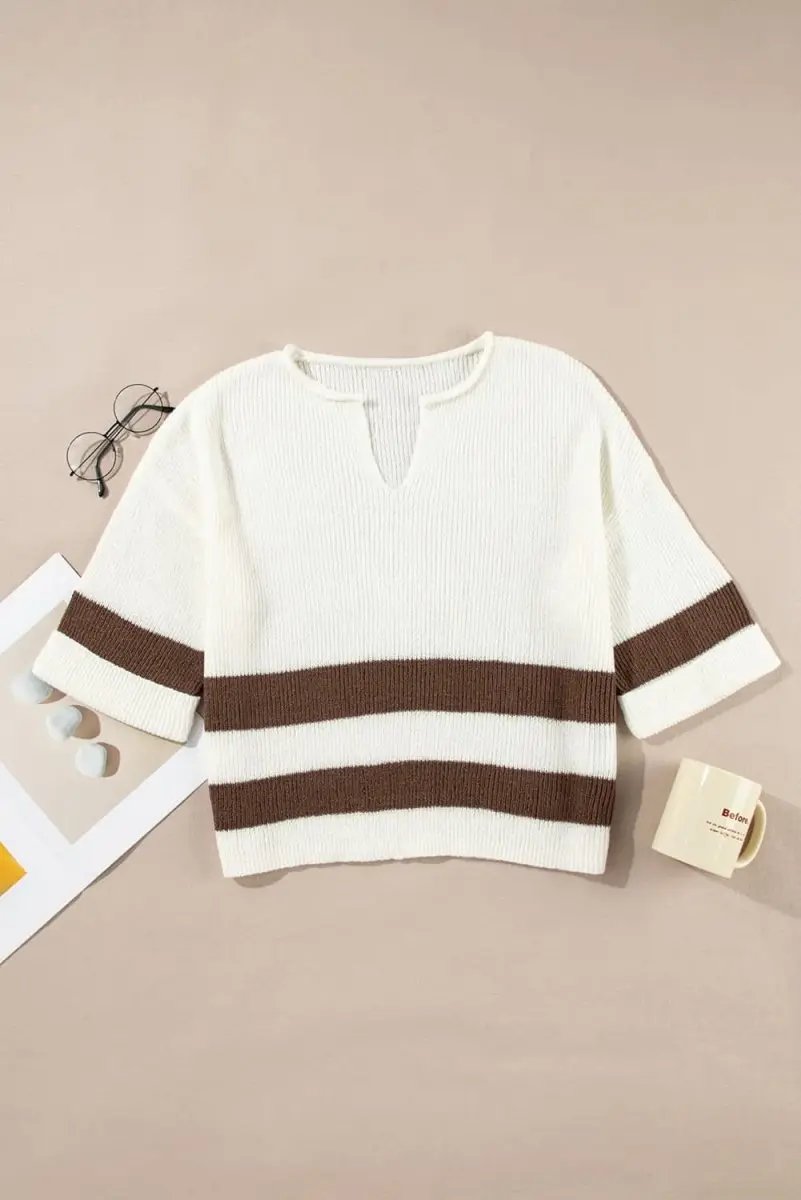 Love Salve Brown Striped V-Neck Cropped Sweater