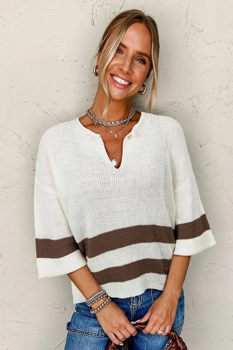 Love Salve Brown Striped V-Neck Cropped Sweater