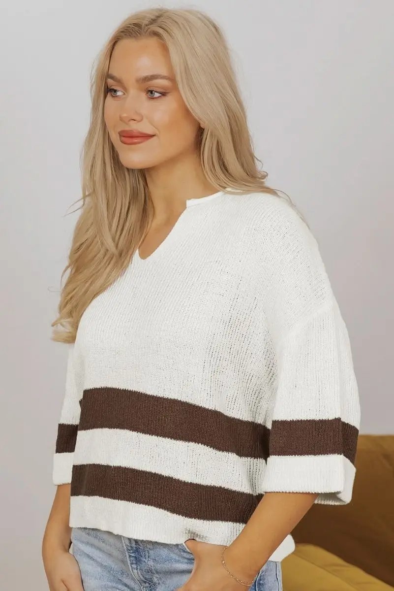Love Salve Brown Striped V-Neck Cropped Sweater