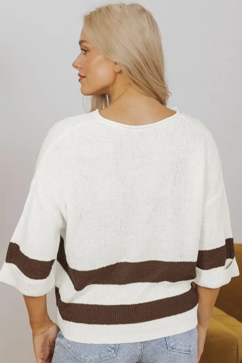 Love Salve Brown Striped V-Neck Cropped Sweater