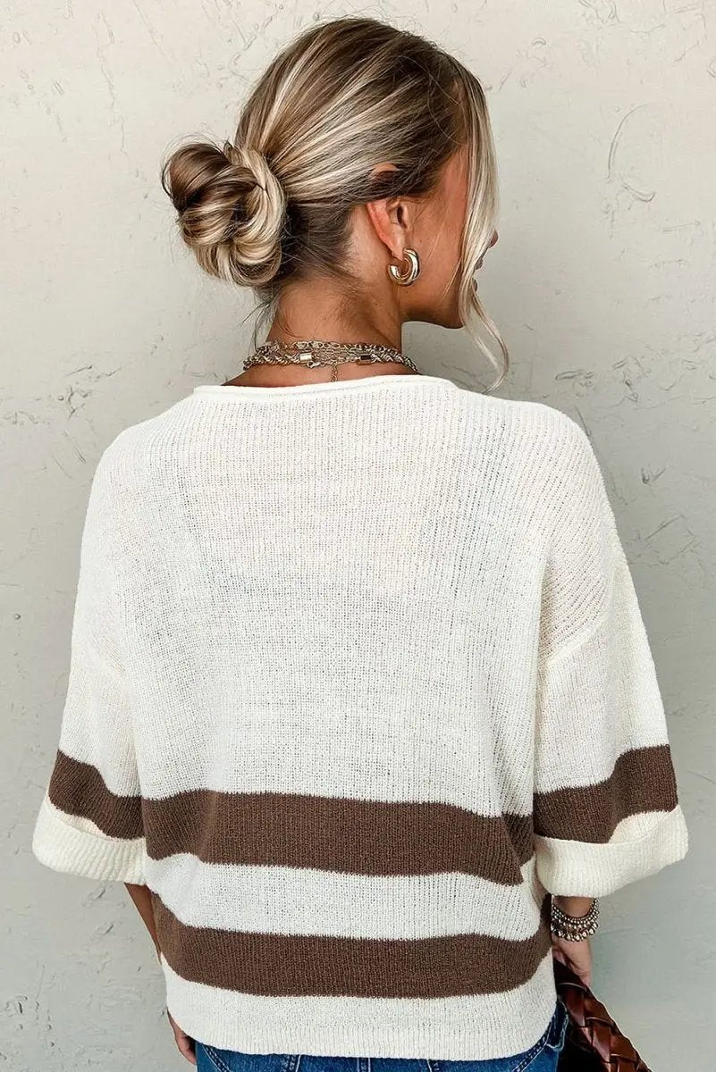 Love Salve Brown Striped V-Neck Cropped Sweater